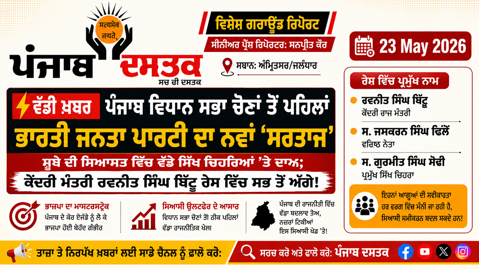 ਪੰਜਾਬ BJP ਦਾ ਨਵਾਂ ਸਿੱਖ ਚਿਹਰਾ? ਬਿੱਟੂ ਸਭ ਤੋਂ ਅੱਗੇ