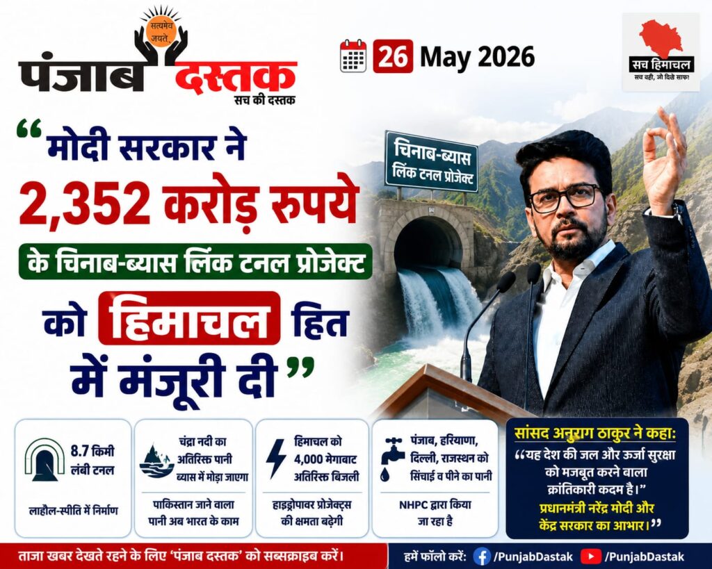 मोदी सरकार ने ₹2352 करोड़ के चिनाब-ब्यास लिंक टनल प्रोजेक्ट को मंजूरी दी। हिमाचल को 4000 मेगावाट अतिरिक्त बिजली और राज्यों को मिलेगा पानी।
