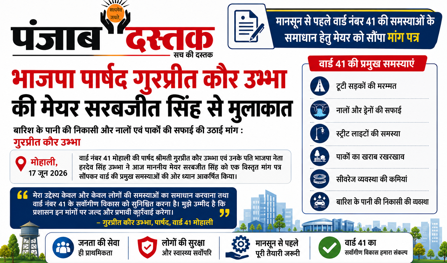मेयर सरबजीत सिंह को वार्ड 41 की समस्याओं संबंधी मांग पत्र सौंपती भाजपा पार्षद गुरप्रीत कौर उभ्भा
