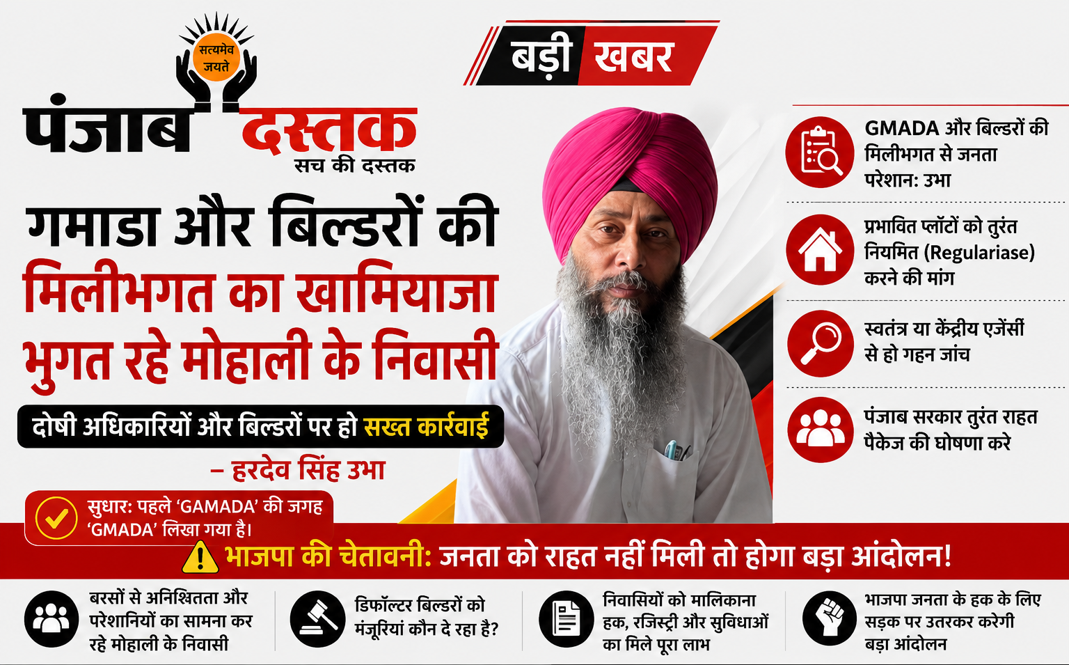 मोहाली में GMADA और बिल्डरों की कथित मिलीभगत के खिलाफ भाजपा नेता हरदेव सिंह उभा प्रेस वार्ता करते हुए।