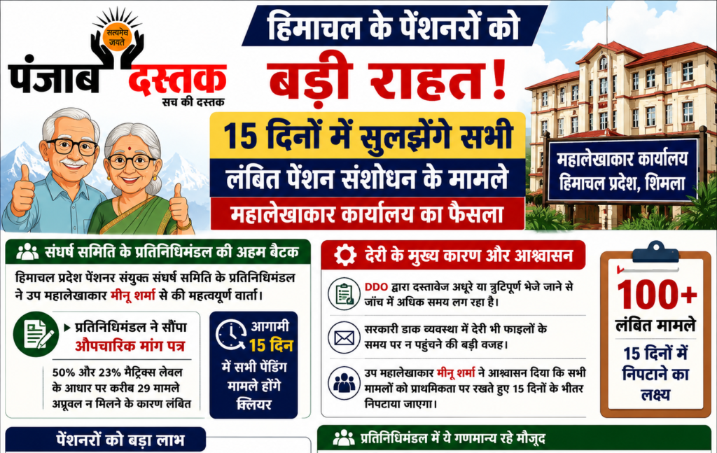 महालेखाकार कार्यालय शिमला में पेंशन संशोधन मामलों को लेकर पेंशनर संयुक्त संघर्ष समिति और अधिकारियों के बीच हुई महत्वपूर्ण बैठक का प्रतीकात्मक चित्र।