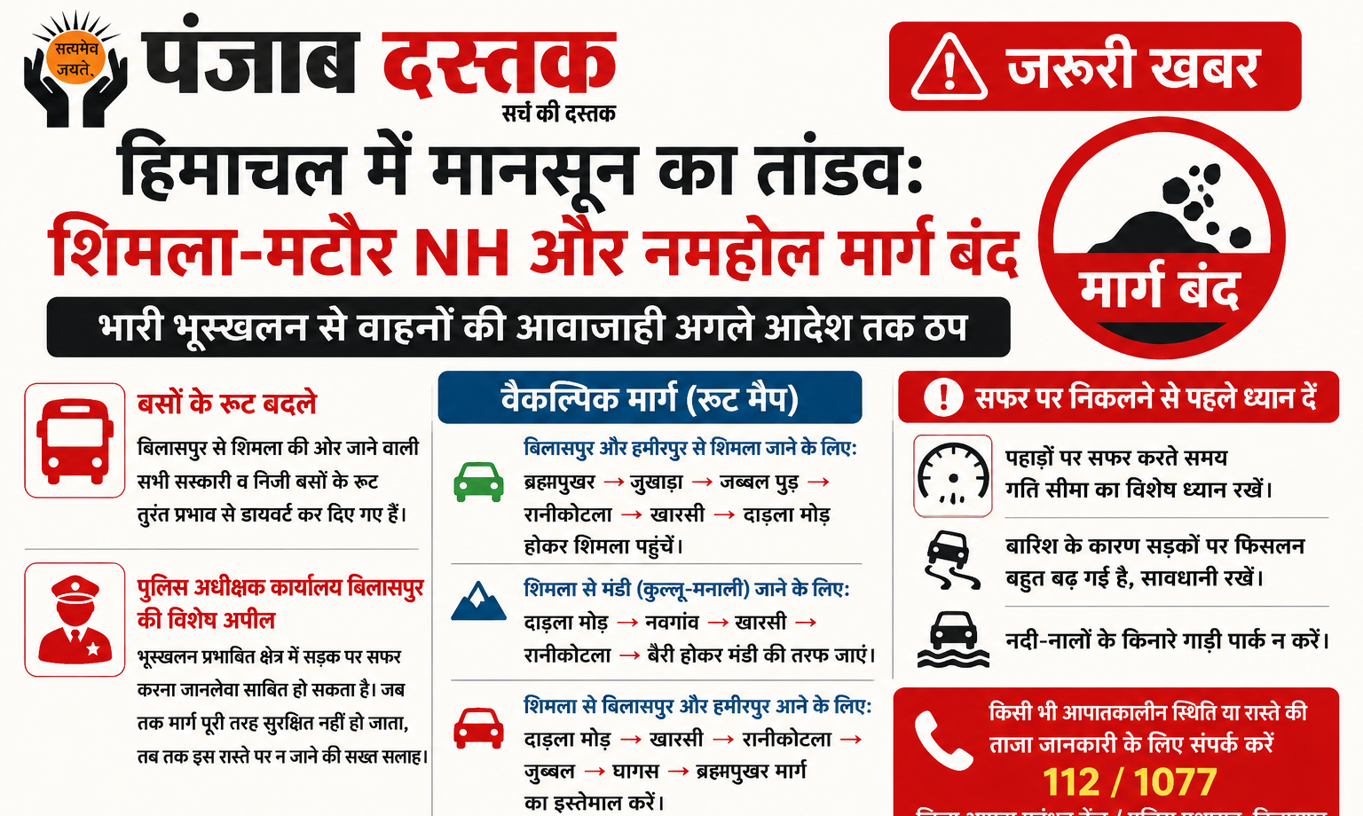 हिमाचल में भारी भूस्खलन के बाद शिमला-मटौर NH-205 बंद, बिलासपुर पुलिस ने वैकल्पिक रूट जारी