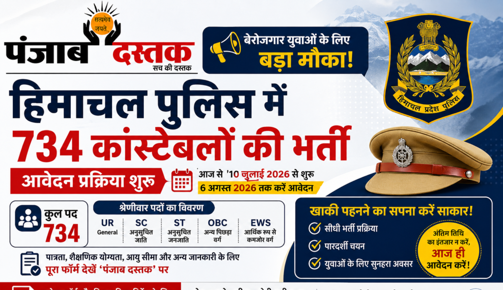 हिमाचल पुलिस भर्ती 2026 के तहत 734 कांस्टेबल पदों पर आवेदन प्रक्रिया शुरू