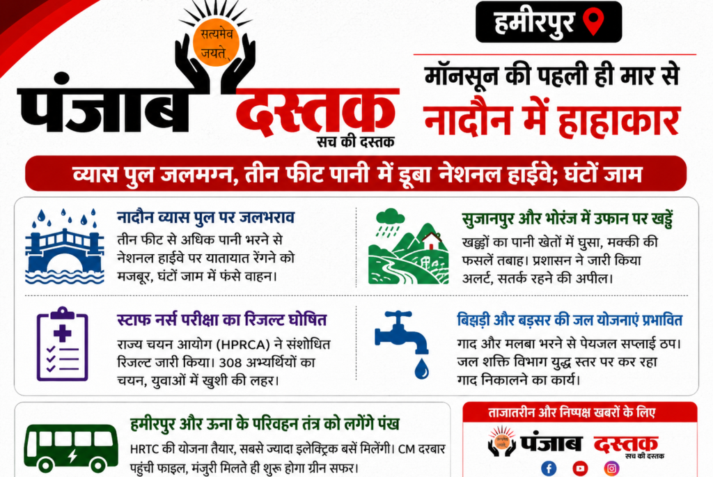 हमीरपुर में मॉनसून की बारिश से नादौन व्यास पुल पर जलभराव और HPRCA स्टाफ नर्स भर्ती का संशोधित रिजल्ट जारी।