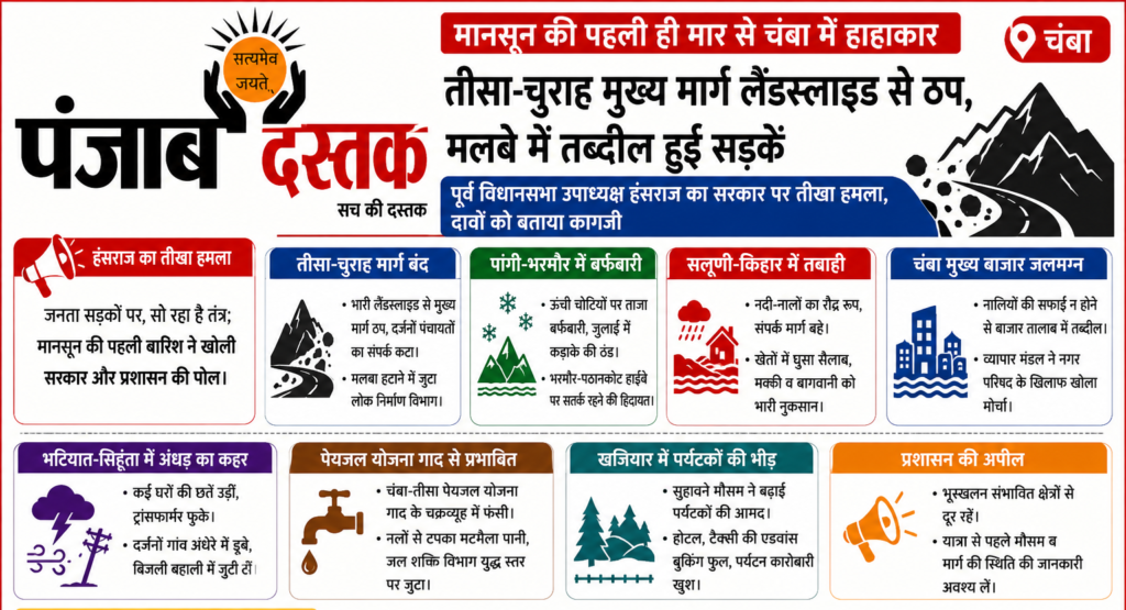 चंबा में मानसून की बारिश से तीसा-चुराह मार्ग पर लैंडस्लाइड, सड़कें बंद और हंसराज का सरकार पर हमला।