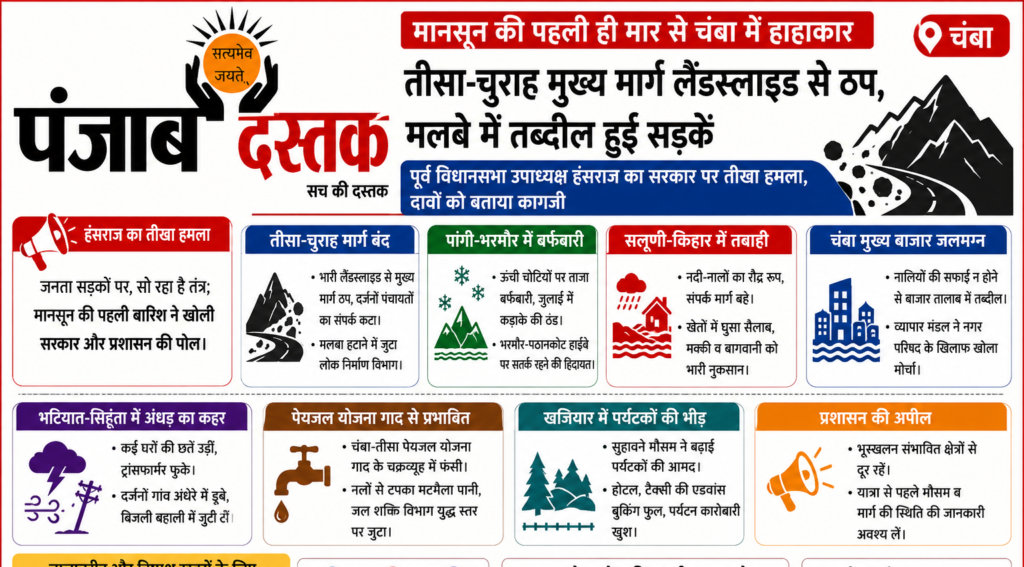 चंबा में मानसून की बारिश से तीसा-चुराह मार्ग पर लैंडस्लाइड, सड़कें बंद और हंसराज का सरकार पर हमला।