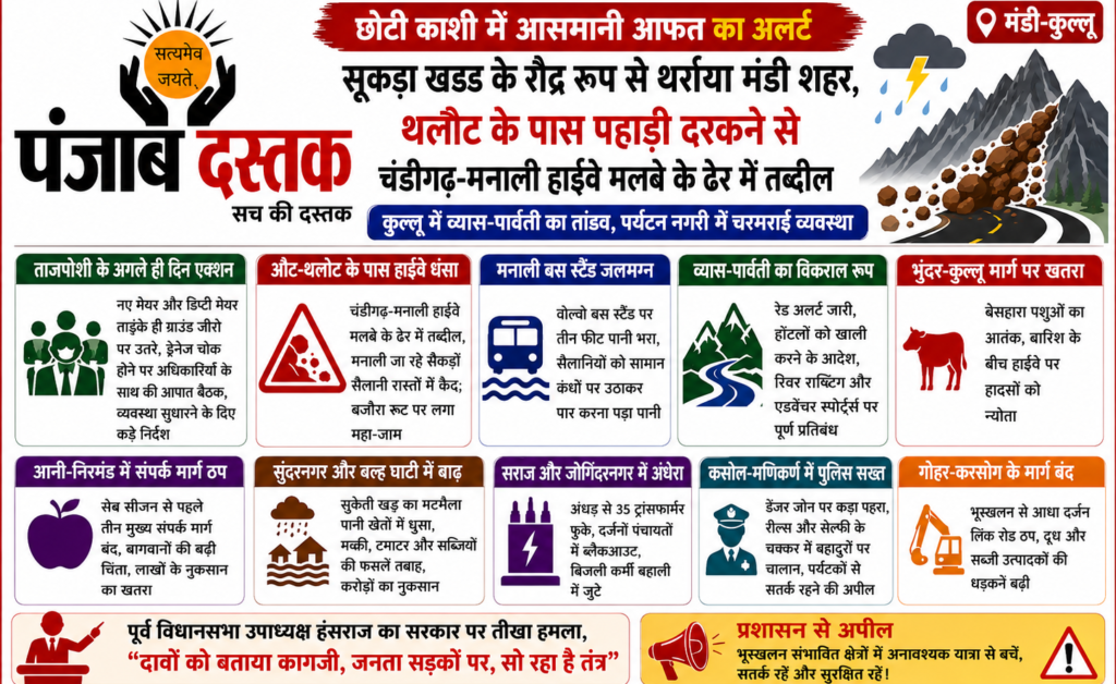 मंडी और कुल्लू में मानसून की बारिश से चंडीगढ़-मनाली हाईवे पर भूस्खलन, ब्यास नदी पर रेड अलर्ट और मनाली में जलभराव।