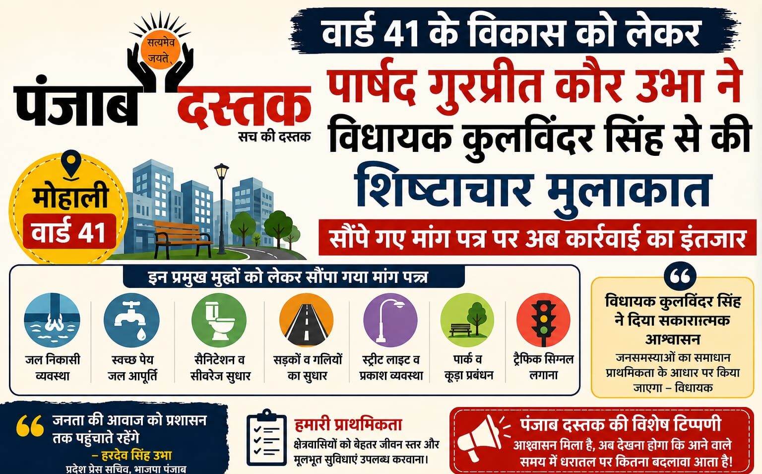 मोहाली वार्ड 41 के विकास कार्यों को लेकर पार्षद गुरप्रीत कौर उभा ने विधायक कुलविंदर सिंह को मांग पत्र सौंपा