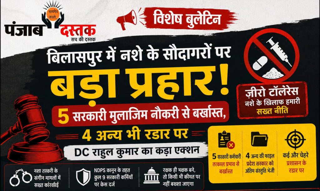 बिलासपुर में नशा तस्करी मामलों में 5 सरकारी कर्मचारियों को बर्खास्त, 4 अन्य के खिलाफ कार्रवाई की तैयारी।