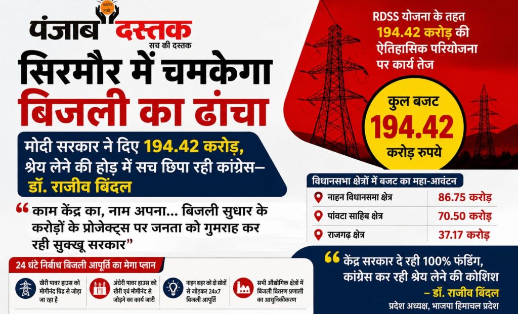 नाहन में प्रेस वार्ता के दौरान डॉ. राजीव बिंदल ने सिरमौर की ₹194.42 करोड़ की RDSS बिजली परियोजना और केंद्र सरकार की फंडिंग पर जानकारी दी।