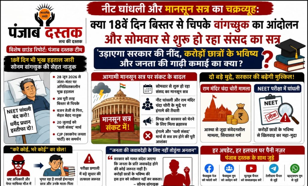NEET-UG 2026 विवाद, सोनम वांगचुक के आंदोलन और संसद के मानसून सत्र से जुड़ा सांकेतिक चित्र।