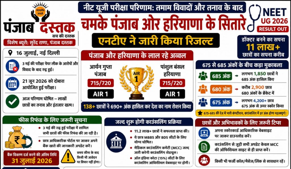 NEET UG 2026 Result जारी, पंजाब और हरियाणा के छात्रों ने AIR-1 हासिल किया
