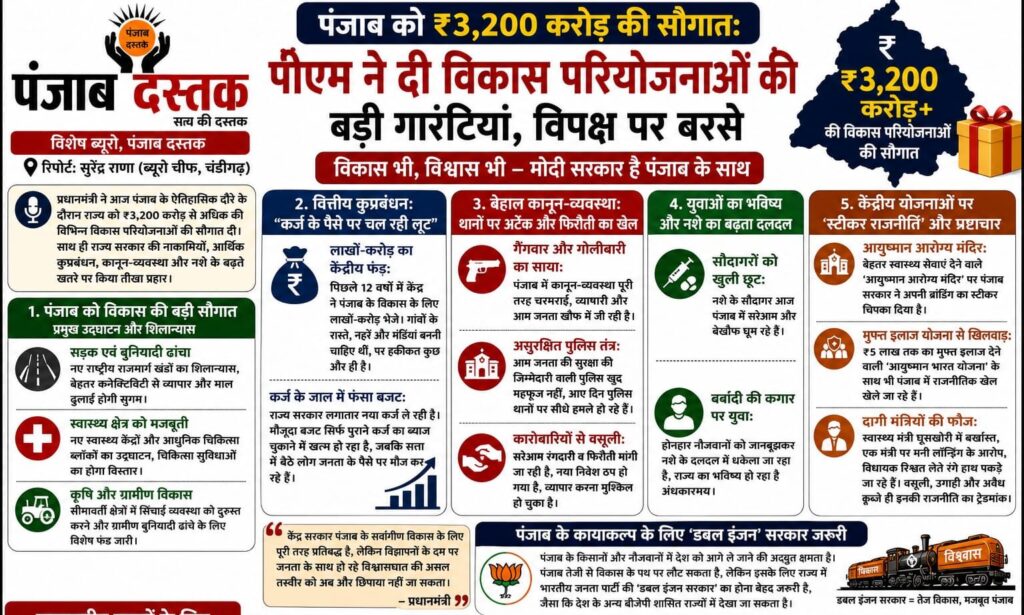 प्रधानमंत्री पंजाब दौरे के दौरान ₹3,200 करोड़ की विकास परियोजनाओं का उद्घाटन और संबोधन करते हुए।