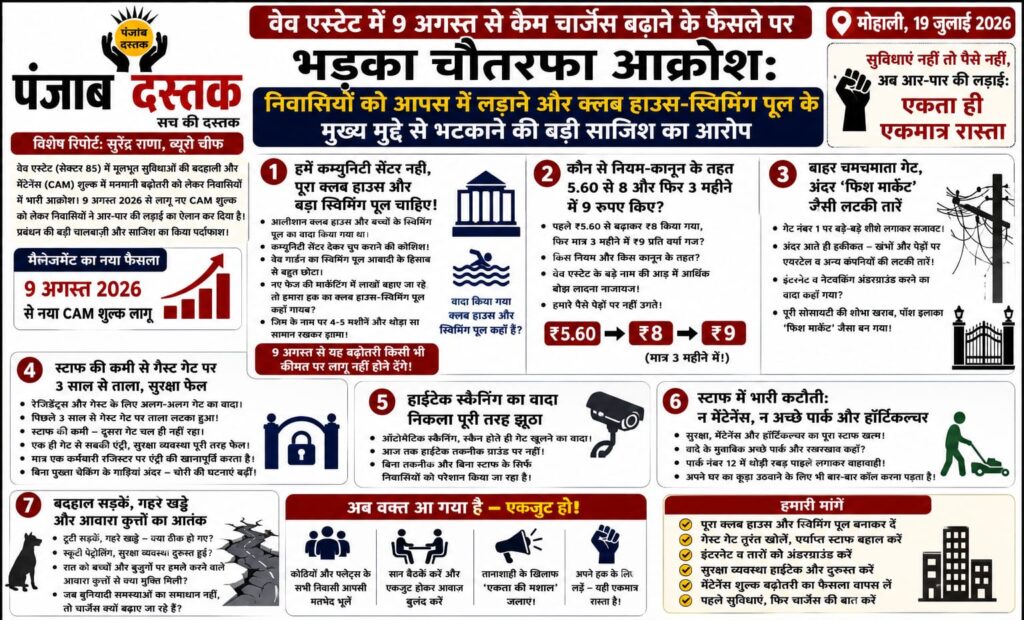 वेव एस्टेट सेक्टर-85 मोहाली में CAM चार्ज बढ़ाने के विरोध में सुविधाओं और सुरक्षा को लेकर नाराज निवासी।