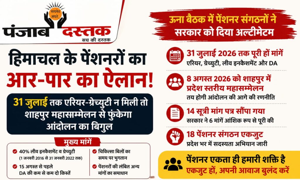 ऊना में आयोजित हिमाचल प्रदेश पेंशनर वेलफेयर एसोसिएशन की बैठक में 31 जुलाई तक एरियर और ग्रेच्युटी भुगतान की मांग उठाते पेंशनर।