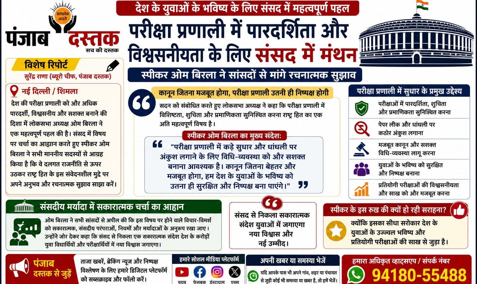 लोकसभा अध्यक्ष ओम बिरला ने परीक्षा प्रणाली में पारदर्शिता पर सुझाव मांगे