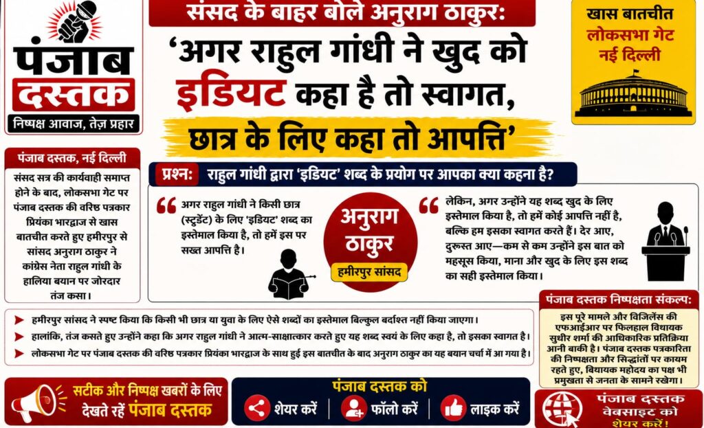 संसद भवन के बाहर मीडिया से बातचीत करते हमीरपुर सांसद अनुराग ठाकुर