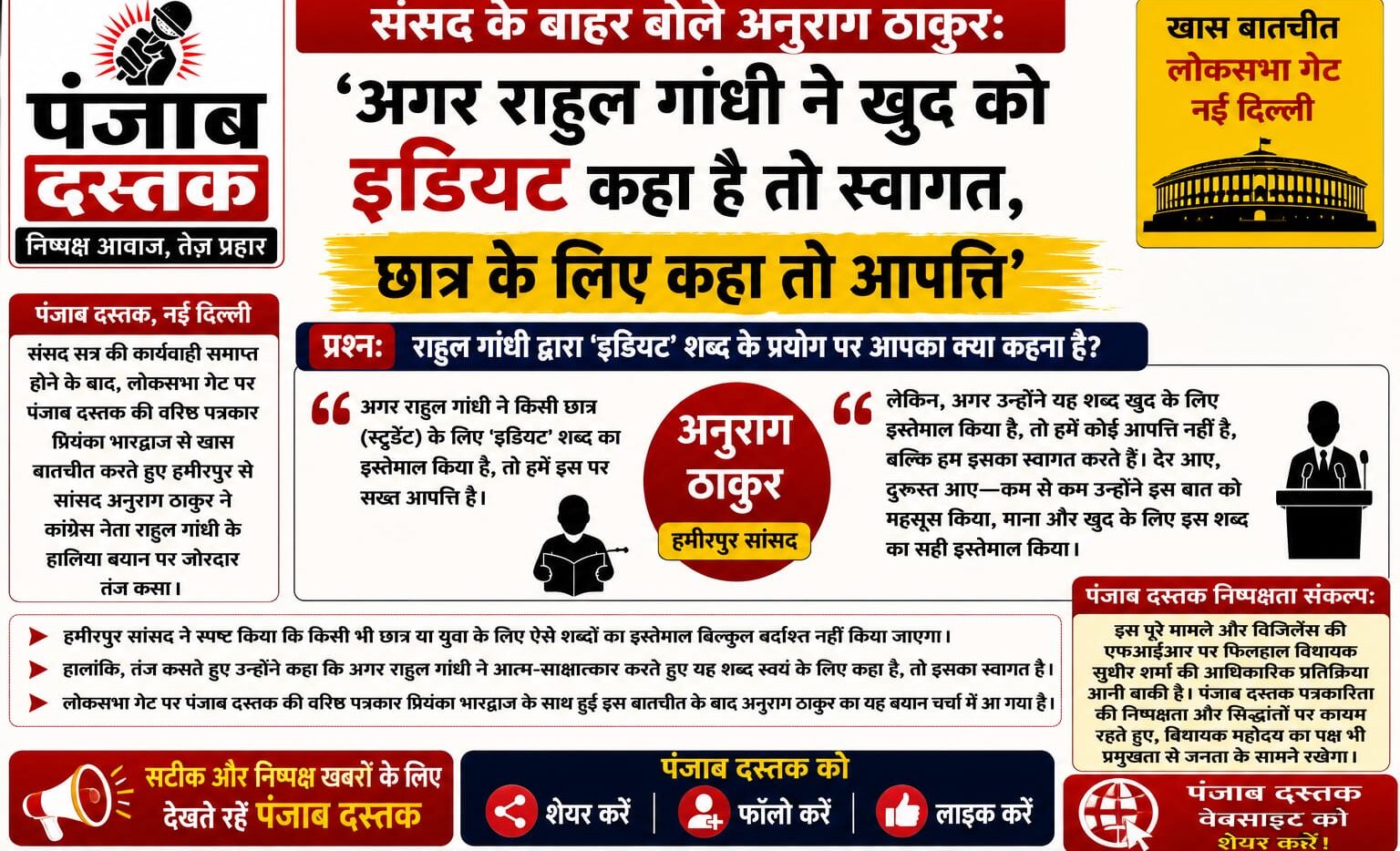 संसद भवन के बाहर मीडिया से बातचीत करते हमीरपुर सांसद अनुराग ठाकुर