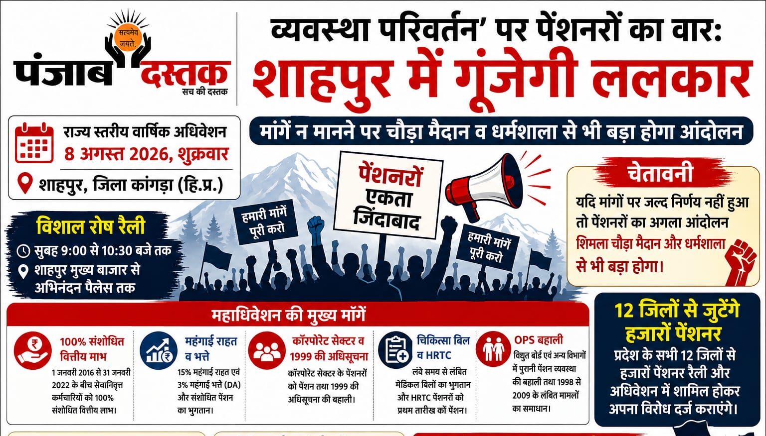 शाहपुर में आयोजित होने वाले हिमाचल प्रदेश पेंशनर संयुक्त संघर्ष समिति के राज्य स्तरीय महासम्मेलन की जानकारी।