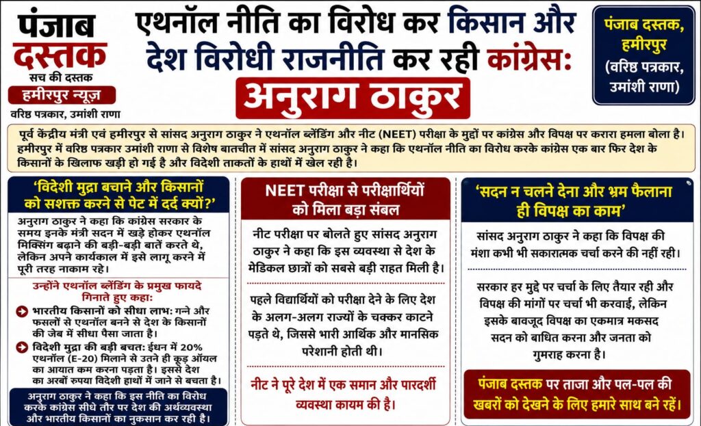 एथनॉल नीति और NEET परीक्षा पर सांसद अनुराग ठाकुर का बयान