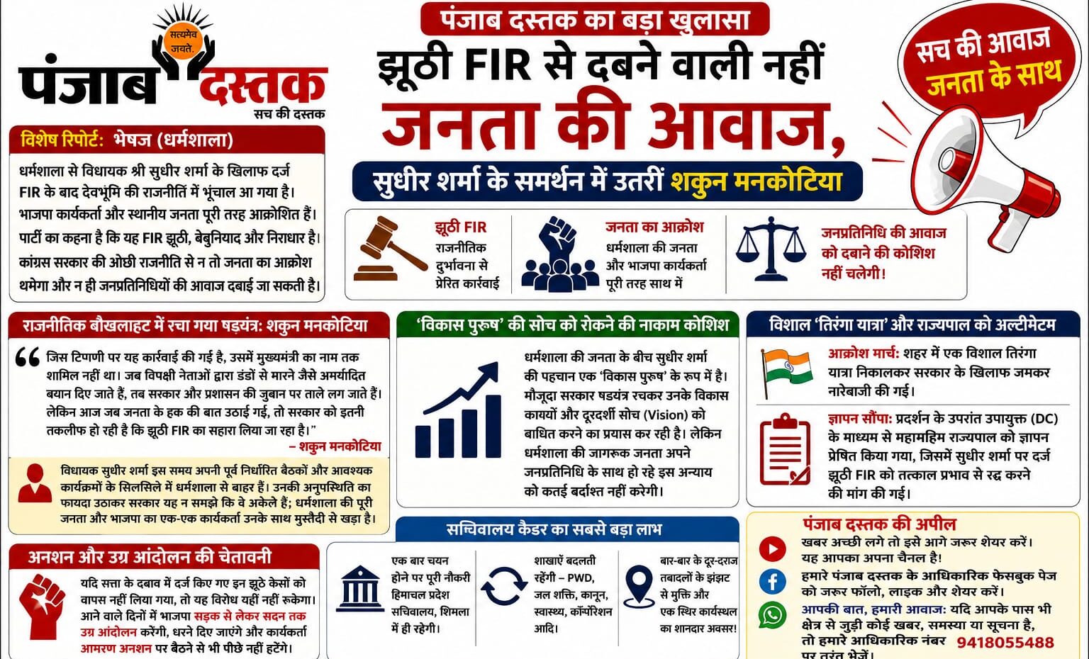 सुधीर शर्मा FIR विवाद पर शकुन मनकोटिया का बयान और धर्मशाला BJP प्रदर्शन
