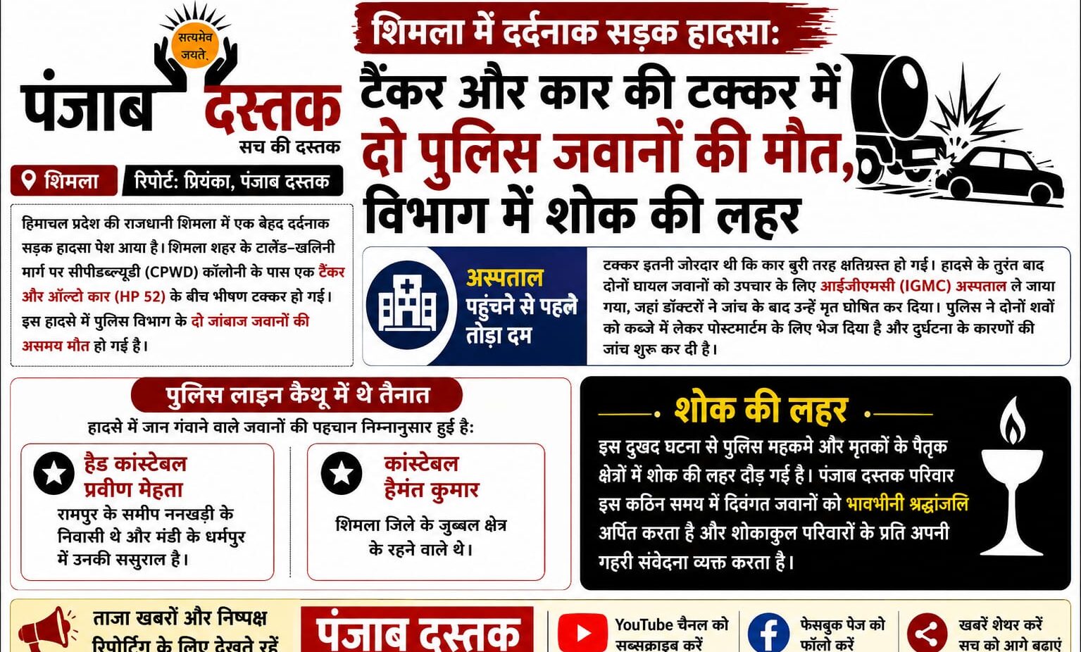 शिमला में टैंकर और कार की टक्कर के बाद क्षतिग्रस्त कार