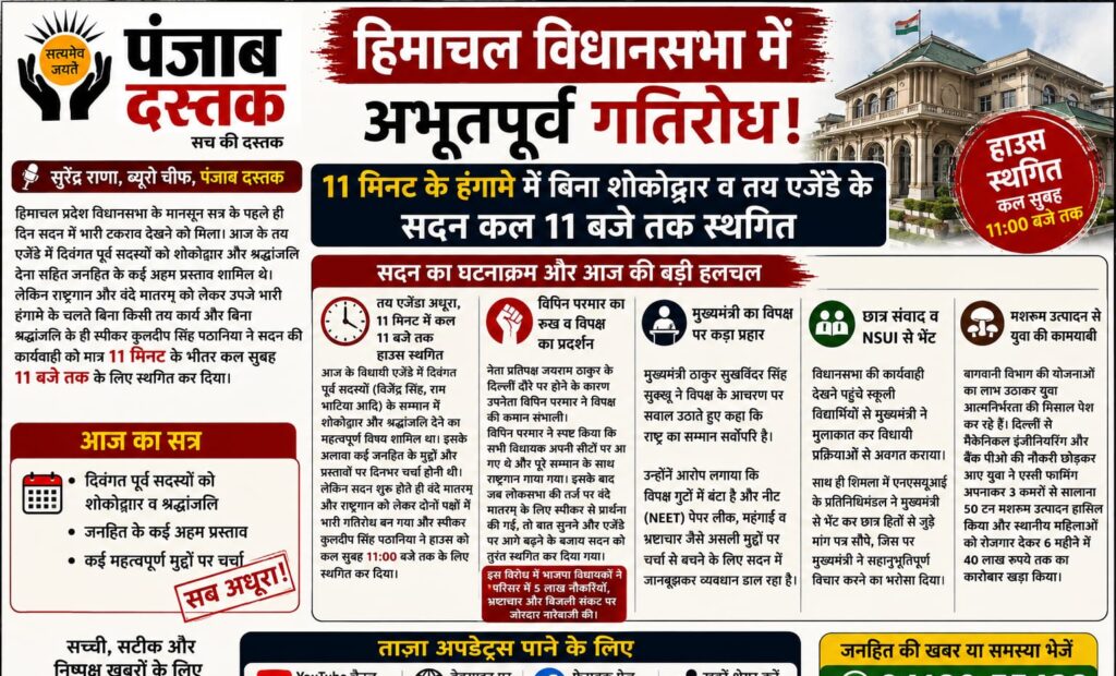 हिमाचल विधानसभा के मानसून सत्र में हंगामे के बाद सदन स्थगित
