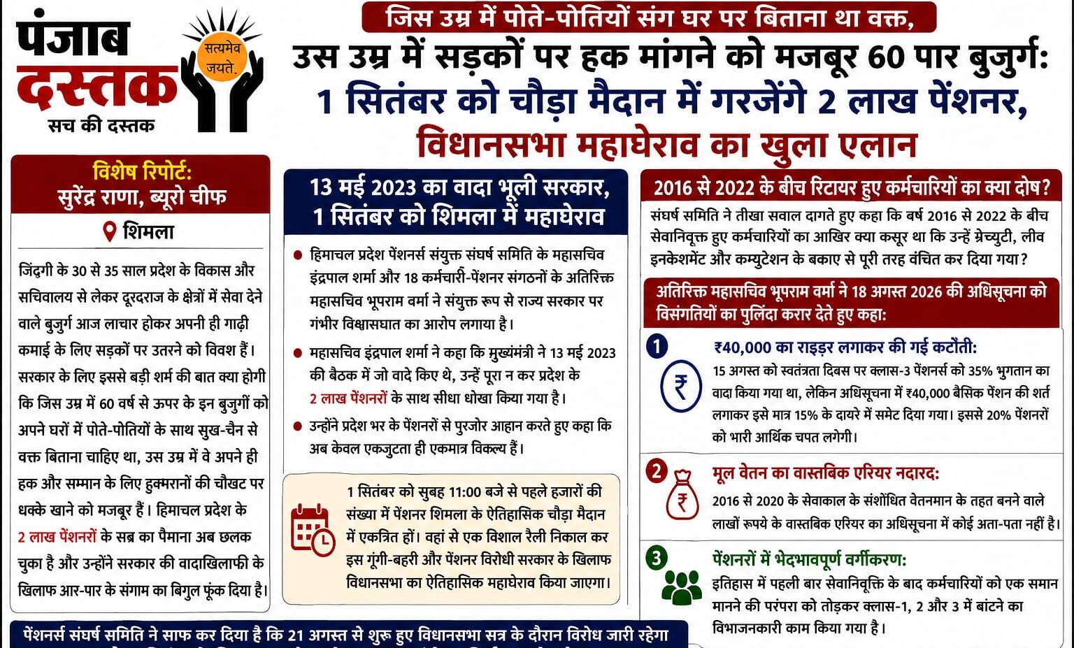 हिमाचल प्रदेश के पेंशनरों का 1 सितंबर को विधानसभा महाघेराव और विरोध प्रदर्शन