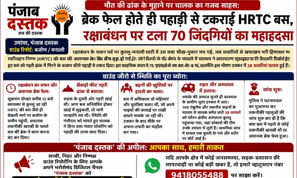 कुल्लू मनाली में ब्रेक फेल होने के बाद पहाड़ी से टकराई HRTC बस