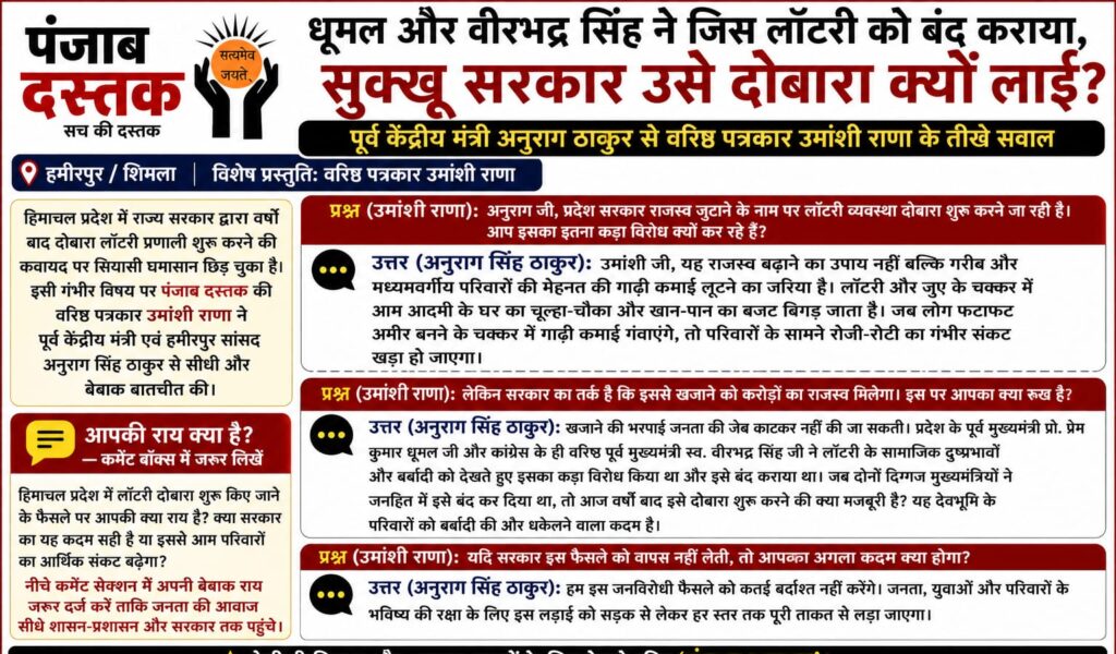अनुराग ठाकुर ने हिमाचल में दोबारा लॉटरी शुरू करने पर सुक्खू सरकार को घेरा