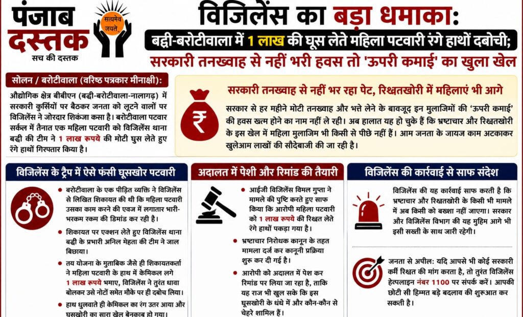 बद्दी-बरोटीवाला में 1 लाख रुपये रिश्वत मामले में विजिलेंस की कार्रवाई