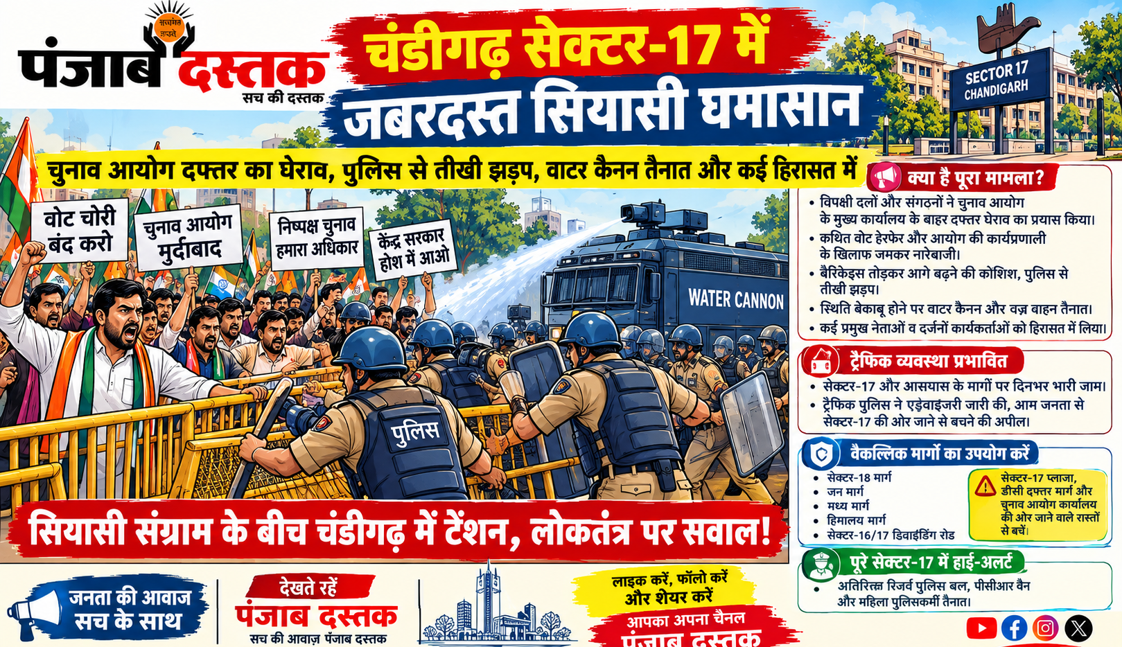 चंडीगढ़ सेक्टर-17 में चुनाव आयोग कार्यालय के बाहर प्रदर्शन और पुलिस बल की तैनाती
