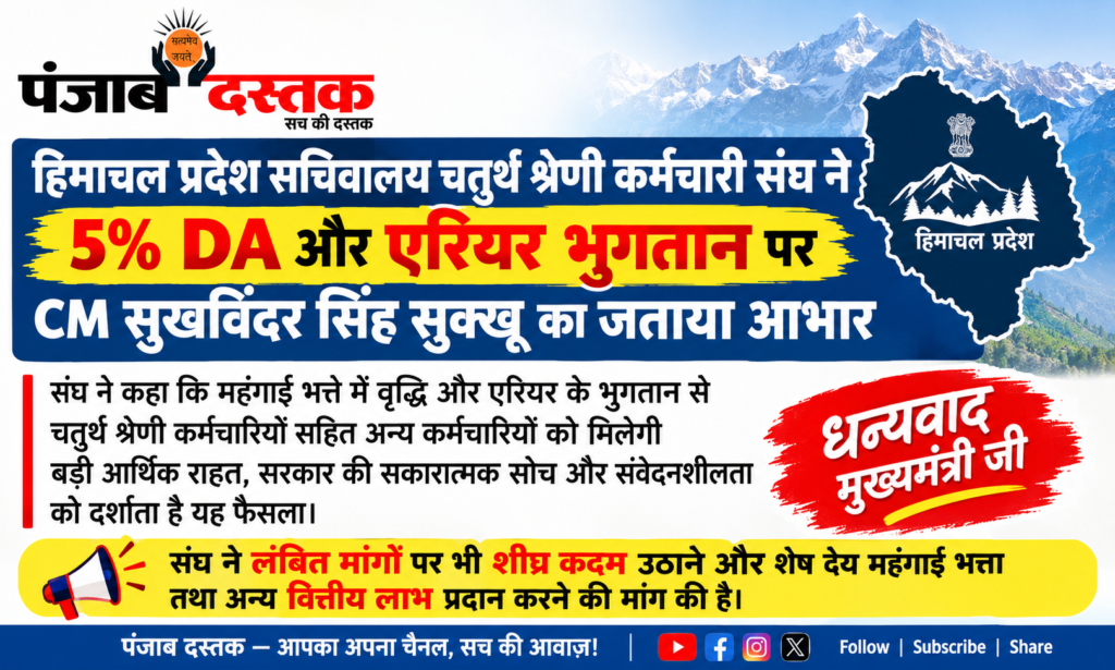 हिमाचल सचिवालय चतुर्थ श्रेणी कर्मचारी संघ ने 5% DA और एरियर पर CM सुक्खू का आभार जताया