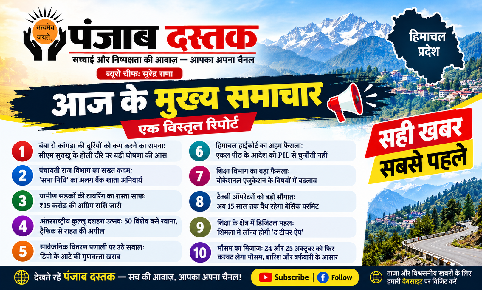 हिमाचल प्रदेश की 10 बड़ी खबरें और ताजा समाचार