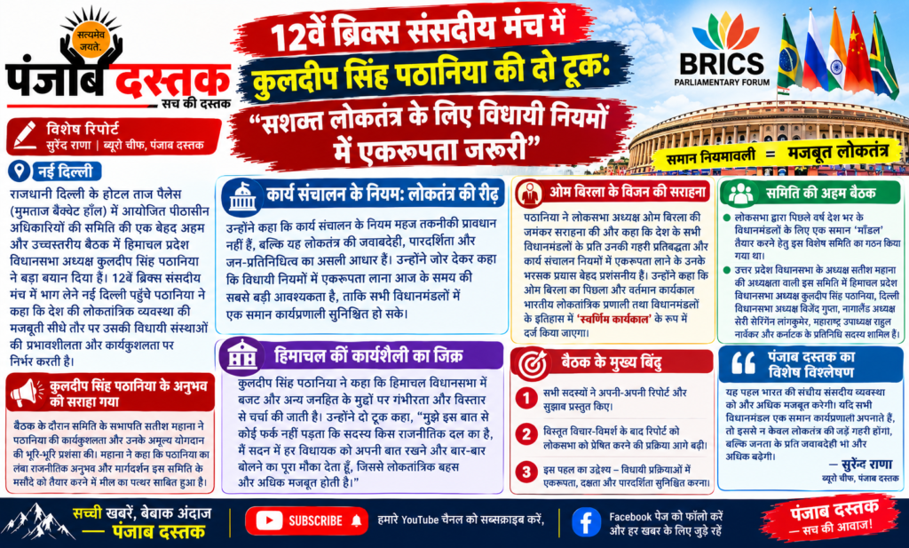 कुलदीप सिंह पठानिया 12वें BRICS संसदीय मंच में विधायी नियमों पर विचार रखते हुए