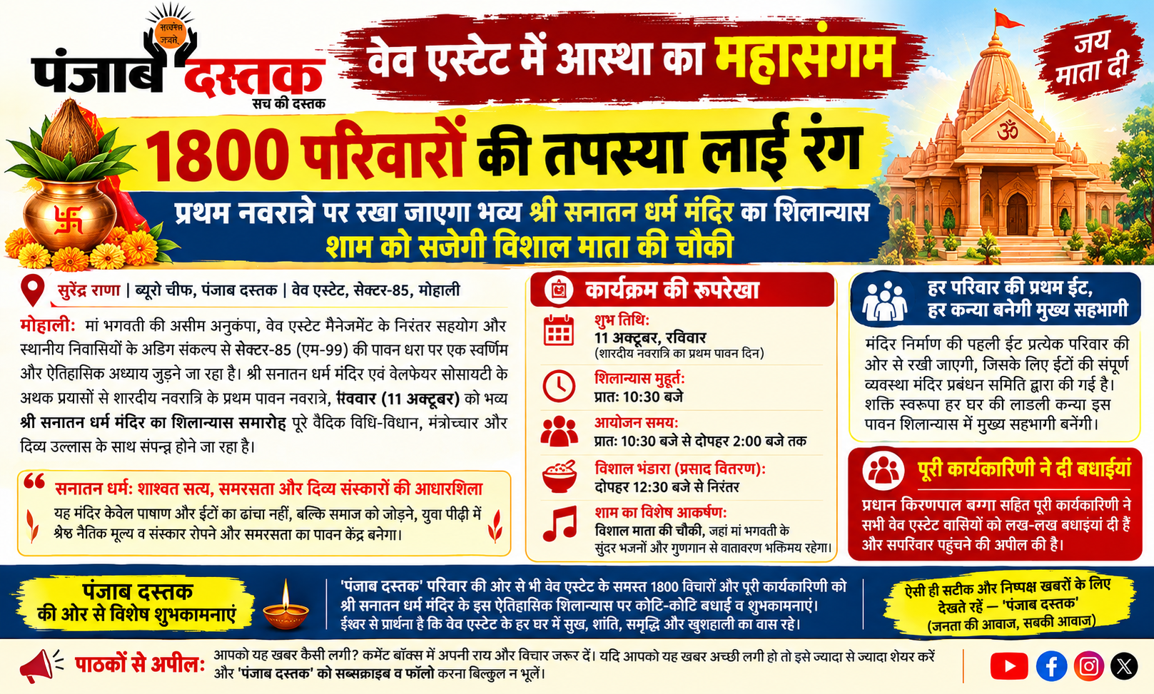 वेव एस्टेट मोहाली में श्री सनातन धर्म मंदिर का शिलान्यास समारोह