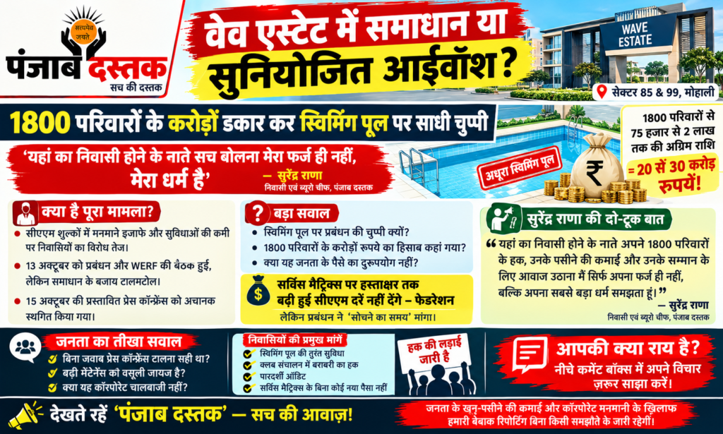 मोहाली के वेव एस्टेट में CAM शुल्क और स्विमिंग पूल की सुविधा को लेकर निवासियों का विवाद