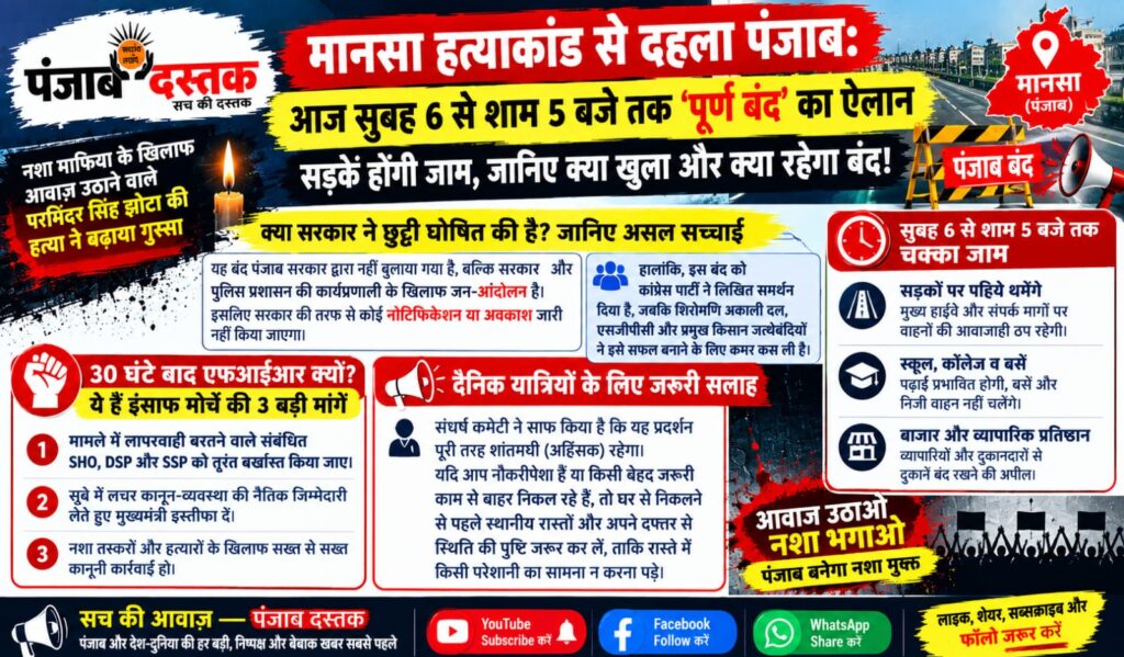पंजाब बंद 15 अक्टूबर, मानसा हत्याकांड के विरोध में प्रदर्शन का ऐलान