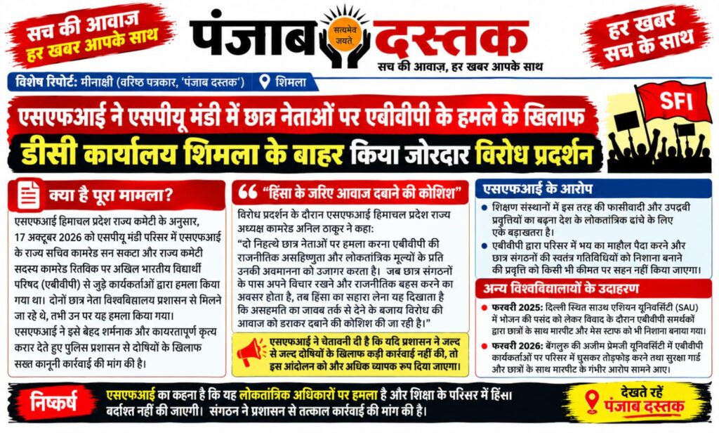 शिमला डीसी कार्यालय के बाहर एसपीयू मंडी मामले में एसएफआई का विरोध प्रदर्शन