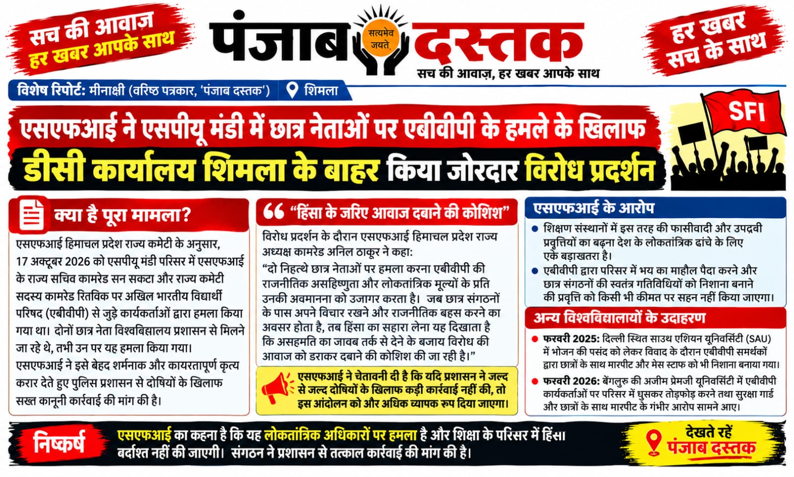 शिमला डीसी कार्यालय के बाहर एसपीयू मंडी मामले में एसएफआई का विरोध प्रदर्शन