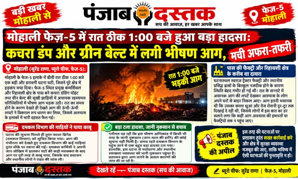 मोहाली फेज़-5 के कचरा डंप और ग्रीन बेल्ट में लगी आग