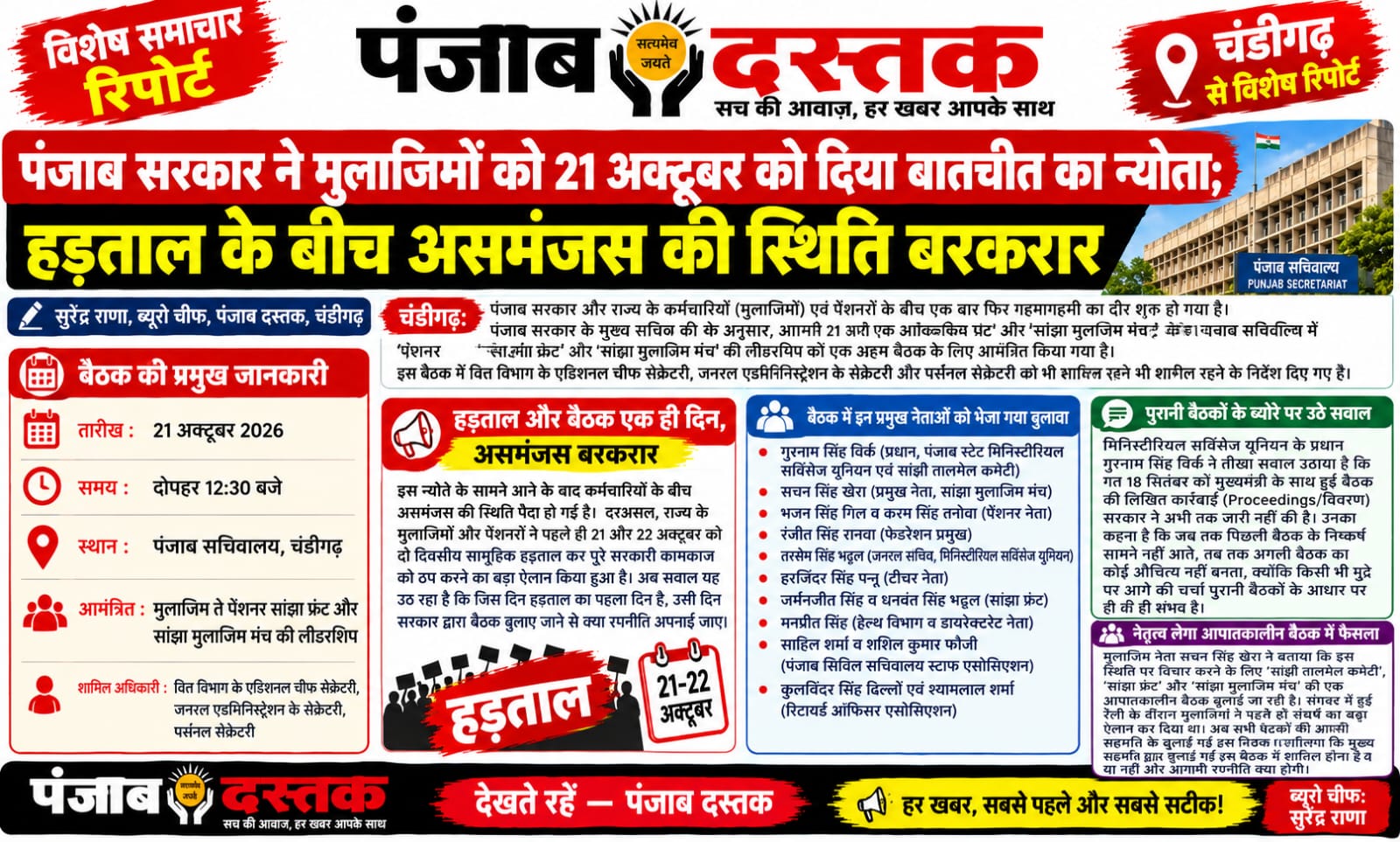 पंजाब मुलाजिमों की हड़ताल के बीच 21 अक्टूबर की बैठक का न्योता